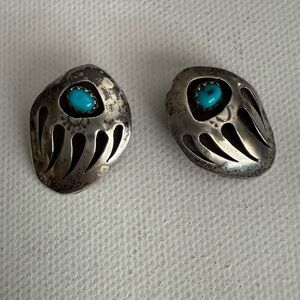 Vintage Clip On Sterling Silver Bear Paw Earrings with Turquoise